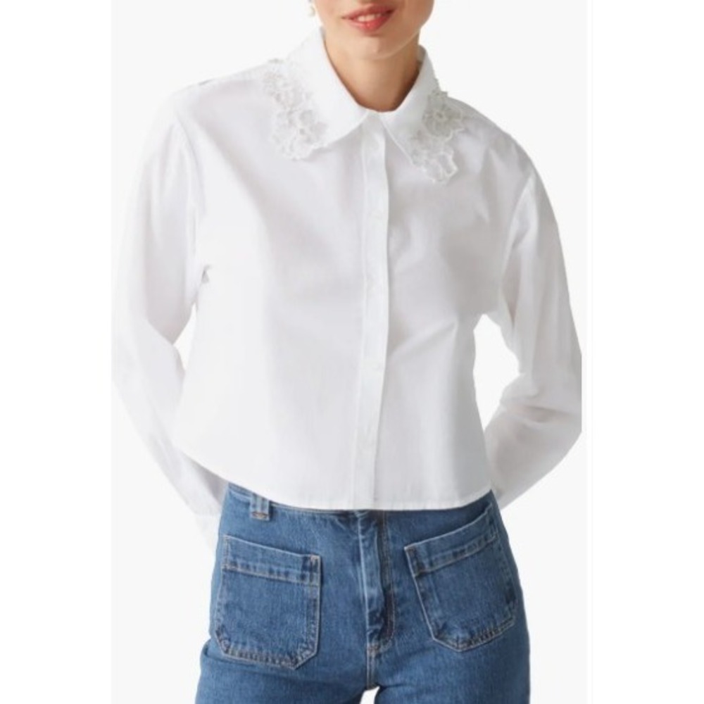 & Other Stories White Eyelet Lace Collar Cropped Cotton Shirt Blouse US 6 EUC